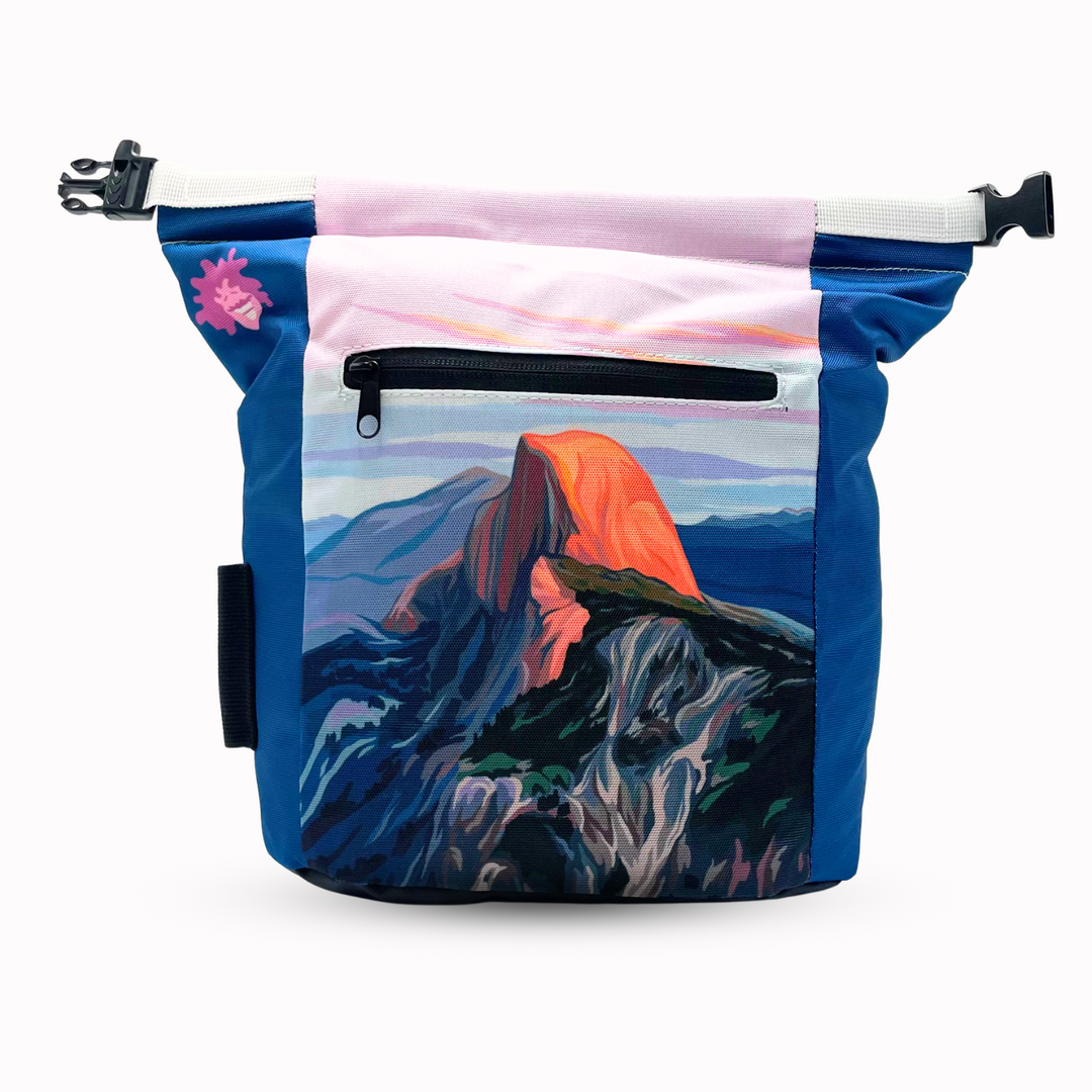 Gnarly Dood chalk bucket with Yosemite landscape graphic, velcro lid, carry handle, and zippered side pockets